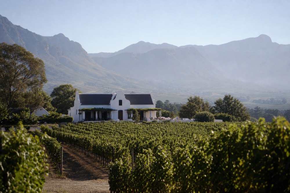 Cape Dutch gabled winery building framed by vineyard rows, no text, no logos, no people