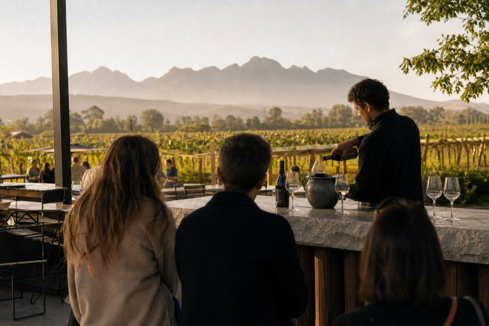 A guide pouring a wine tasting for guests at an outdoor cellar counter, no text, no logos, no people