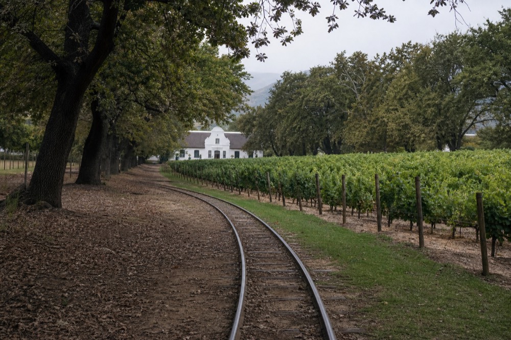 Narrow-gauge tram tracks curving through vineyards toward a Cape Dutch estate building, no text, no logos, no people