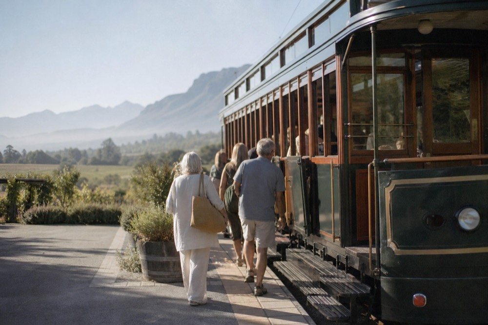 Passengers boarding a vintage-style tram at a valley terminal stop, no text, no logos, no people