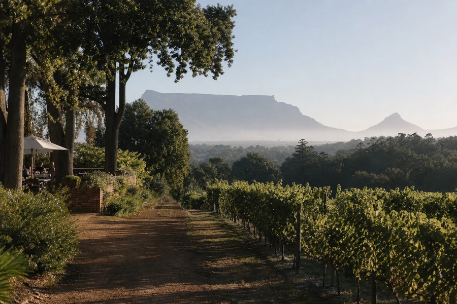 Constantia valley vineyard rows bordered by oak trees with Table Mountain on the horizon