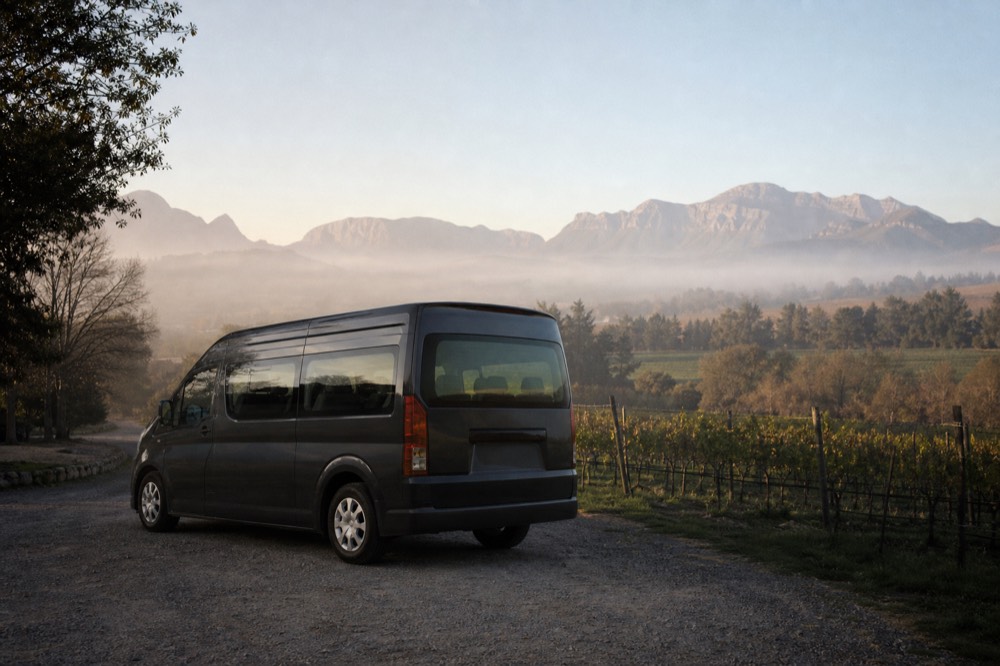 Private tour vehicle parked on a gravel drive beside vineyards, no text, no logos, no people