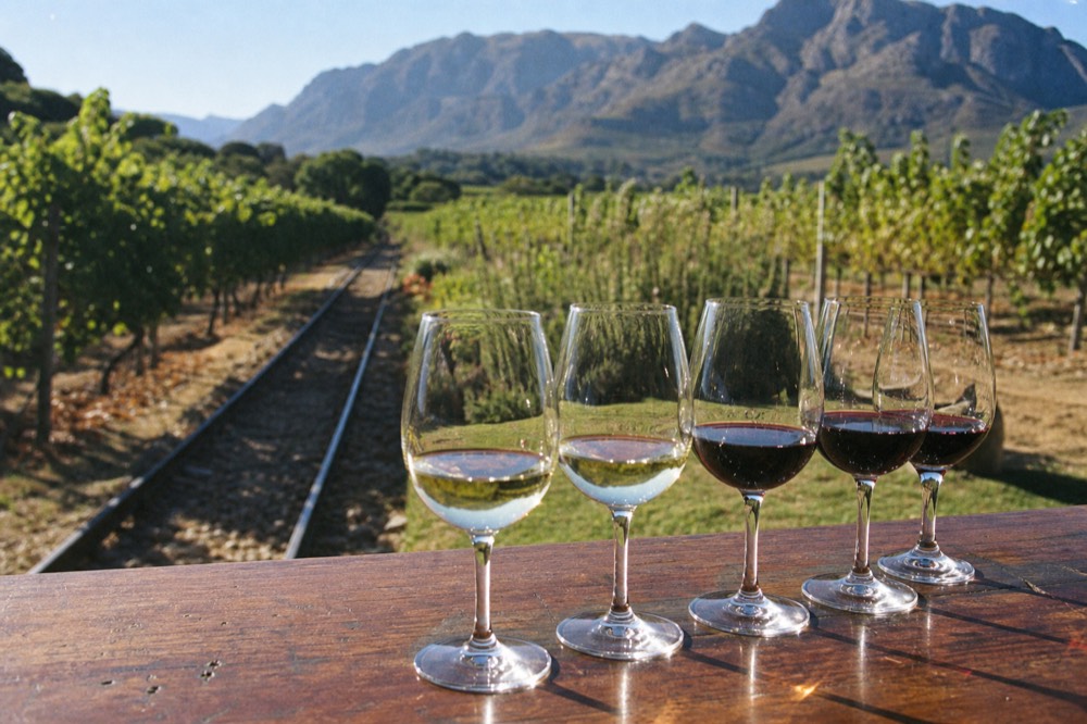 Tasting flight of red and white wines on a cellar counter, no text, no logos, no people