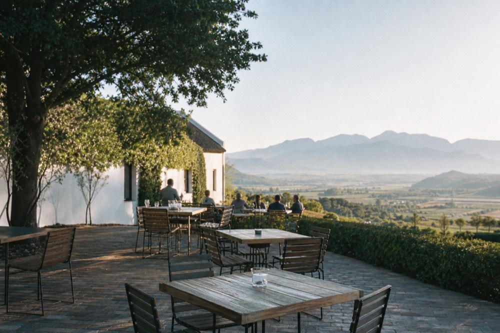 Visitors seated at outdoor tables beside a Franschhoek cellar, no text, no logos, no people