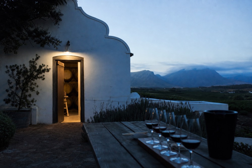 A tasting flight of red wines on a farm table overlooking vineyards, no text, no logos, no people