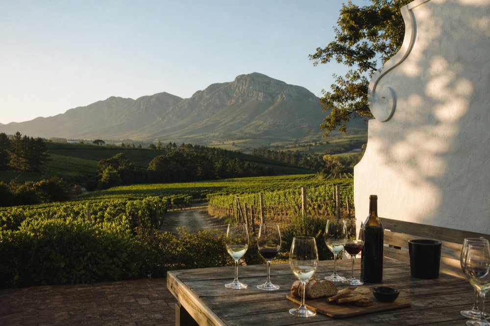 A wine tasting setup with glasses and a view of vineyards, no text, no logos, no people