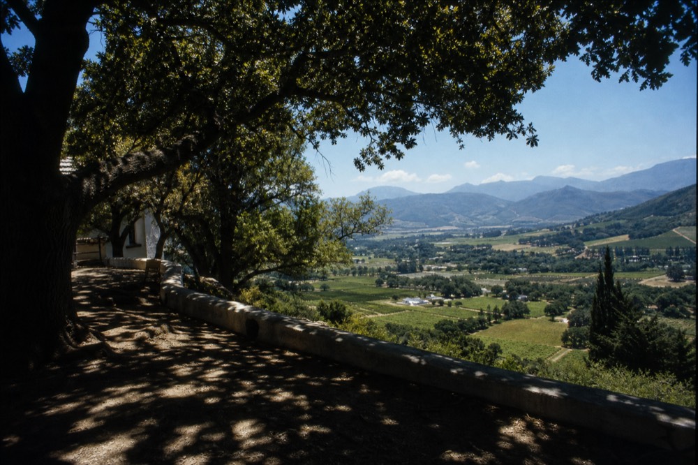 A panoramic view of the Stellenbosch valley from a mountain pass, no text, no logos, no people