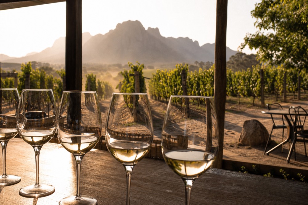 A tasting flight of white wine glasses on a wooden counter, no text, no logos, no people
